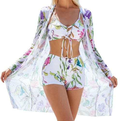 Ensemble de bikini pour femme 3 pièces UK, Bikini taille haute avec contrôle du ventre et débardeur léger, Bikini à nouer devant réglable Haut de maillot de bain, blanc, S