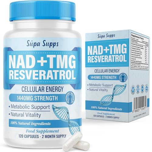 NAD+ TMG, Resveratrol -120 Capsules, 60 Day Supply, Cellular Energy Aid, Methylation Support, Antioxidant Complex, Vegan Friendly, High Strength Formula, NAD Supplements UK, Daily Vitality Support