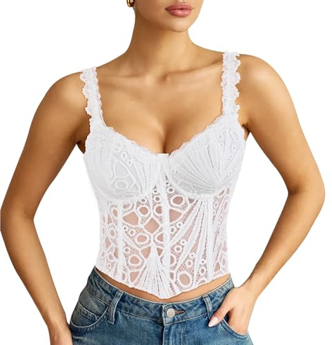 LEACOOLKEY Corsetto da Donna in Pizzo Bustier Sexy Trasparente a Fiori Top Corto Elegante in Rete con Lacci Corpetto Top Modellante per Uscite, Appuntamenti, Feste e Festival Musicali