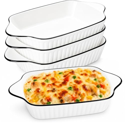 Siocok 4PCS Ceramic Baking Dishes, 10.5in Rectangular Lasagna Baking Dish | Bakeware with Handles, Oven Dish, Oven Safe & Microwave Safe, for Pudding, Baking, Steak, Pasta, Cooking (4, White)