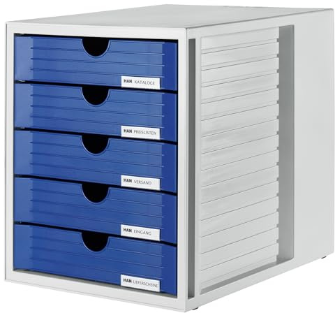 HAN Lådbox SYSTEMBOX med 5 stängda lådor för upp till DIN C4, skrivbord eller i skåp, inklusive utdragslås + märkklämma, möbelvänliga gummifötter, 1450–14, ljusgrå/blå
