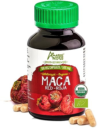 Amazon Andes Red Maca Root Capsules 500mg - Authentic Maca Roja Lepidium Meyenii from Junin Peru 14000 Feet - 100 Vegetarian Caps - High Altitude Andes Mountains - Non-GMO Gluten Free Vegan