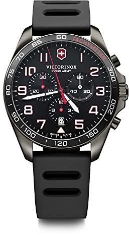 Victorinox Herren Armbanduhr Fieldforce Sport Chrono Ø 42 mm, Swiss Made, Analog Quarz, Wasserdicht bis 100 m, Kautschuk-Armband, Schwarz