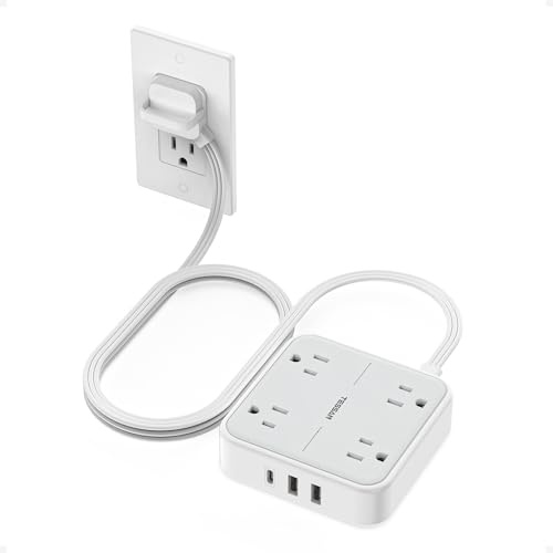 TESSAN Surge Protector Flat Extension Cord 5Ft, Ring Plug Power Strip with 4 Outlets 3 USB Ports (1 USB C), 900 Joules Protection, Multiple Wall Outlet Extender Suitable for Home Office Dorm, Grey