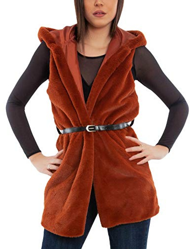 Toocool - Gilet Donna Pelliccia Sintetica Cappuccio Giacca Cardigan VB-8956 [Taglia Unica,ruggine]
