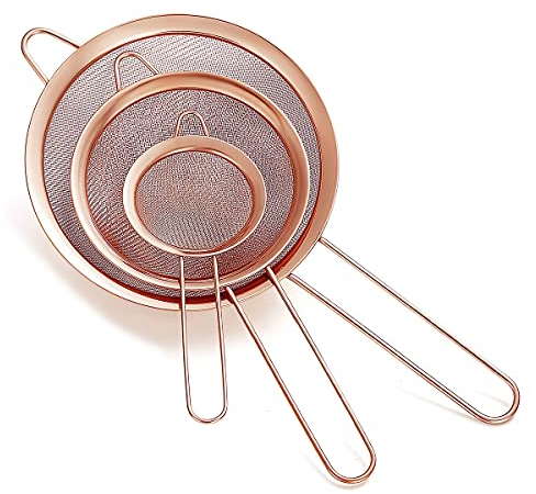 Juego de 3 Coladores de Malla Fina de Cobre y Acero Inoxidable - Para Harina, Té Matcha, Pasta y Salsa - Oro Rosa