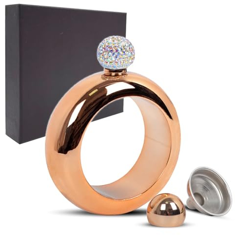 Flachmann für Frauen Männer, Rigrer Armreif Armband Flachmann Hip 304 Edelstahl Unzen Trichter Set mit Flüssigkeiten & Kristall Deckel, Taschenhandgelenk Flasche in Geschenkbox Roségold