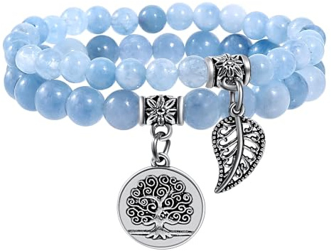 Farfume Chakra Bracelet En Pierre Naturelle - Bracelet Perles Naturelles Femme-Ensemble De Deux Bracelets Avec Accessoires Arbre De Vie Et Feuille