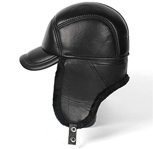 Russische Mütze Winter Uschanka Trapper Hut Herren Leder Bombermütze Ohrenklappe Schwarz Warmer Dicker Ski Schnee Winddichter Männlicher Russischer Hut,Schwarz,57-58Cm