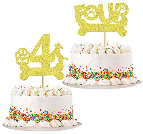 Blumomon 2Pcs Dog Four Cake Toppers Black Glitter Dog Paw Four Birthday Cake Decorations for Puppy Dog Theme Baby Shower Kids Boys Girls 4th Birthday Party Supplies