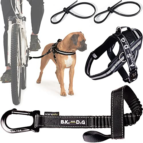 Hundeleine und Hundegeschirr für das Fahrrad, Geschirr mit seitlichen Ringen, inkl. 2 Fahrradgurte. Patentiert. (Schwarz, M)