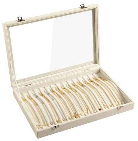 Frebeauty 15 Hooks Necklace Tray Velvet Neckalce Organizer with Clear Lid Lockable Necklace Holder Box Jewelry Organizer for Pendants Chains Necklace Jeweley Tray for Women Girls(Beige)