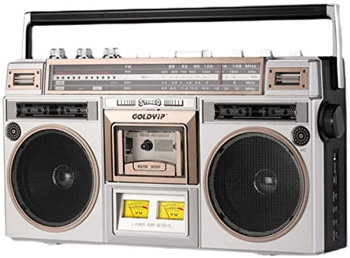 ALSUP Altavoz Retro clásico Estilo años 80, Reproductor de casetes, radiocasete Am/FM portátil, Reproductor de Radio M con Pilas, Soporte para Tarjeta de Memoria, USB, Dorado