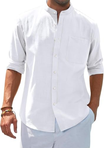 siliteelon Men's Shirts White Grandad Collar Long Sleeve Linen Shirts Regular Fit Banded Collar Summer Beach Shirt with Pocket,Medium