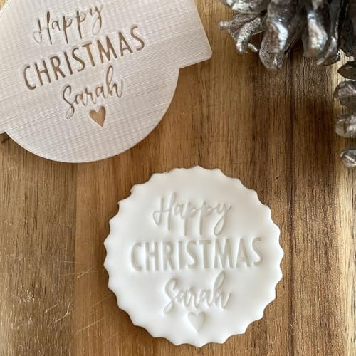 Luck and Luck Personalised Happy Christmas with Heart Fondant Embosser, Custom Cookie Biscuit Stamp, Festive Cake Decorating, Cupcake Icing Decoration