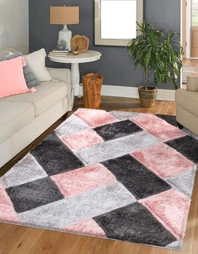 3D Shaggy Rugs Modern Geometric Design Large Area Rugs for Living Room Bedroom Thick Fluffy Floor Mats Small Door Mat (Pink, 80 x 150 cm)