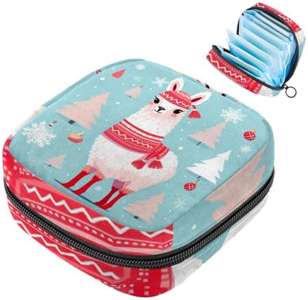 YTYVAGT Perioden-Tasche, Aufbewahrungstasche für Damenbinden, weißes Kamel mit rotem Weihnachtsschal, Tampon-Tasche für Geldbörse