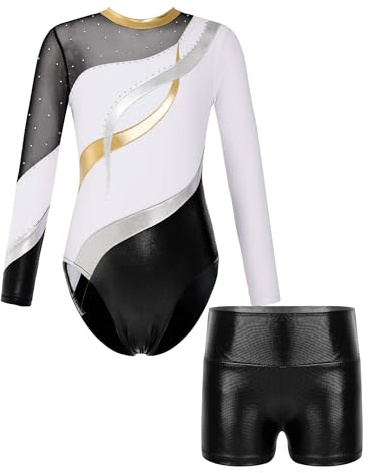 FEESHOW Mädchen Gymnastikanzug Langarm Mit Hose Ballett Turntrikot Gymnastik Body Shorts Set Kinder Tanzoutfit Athletic Wettkampf Trainingsanzüge Weiß 134-140