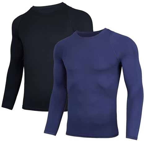 AMZSPORT 2 Pezzi Maglia Termica Compressione Uomo Manica Lunga Fitness T-Shirts Sport Baselayer Asciugatura Rapida Camicia, NeroBlu XL