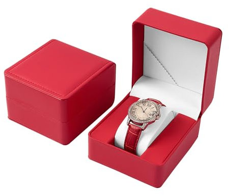 AfitLulu Uhrenbox Einzeln Uhren Aufbewahrungsbox mit Abnehmbaren Uhrenkissen für Damen und Herren, Uhrenkoffer PU-Leder Uhrenaufbewahrungsbox für Armbanduhren, Smartwatches, Armbänder (Rot)