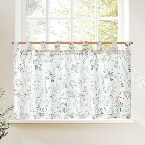 jinchan Linen Kitchen Curtain Floral Tier Curtain 24 Inch Farmhouse Cafe Tab Top Botanic Small Window Drape for Farmhouse Cottagecore Laundry Bathroom Living Room Light Filtering 1 Panel Sage Green