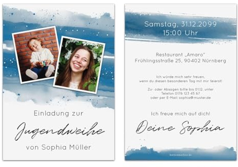Kartenmachen.de Personalisierte Jugendweihe Einladungskarten Foto Aquarell mit eigenem Text und Foto DIN A6, dickes Papier