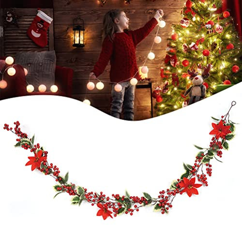 Gonetre Ghirlanda di Bacche di Agrifoglio di Natale Ghirlanda di Verde Artificiale Invernale Bacche Rosse Foglie di Agrifoglio Casa Camino Decorazione da Tavolo da Parete 6,5FT Ghirlanda