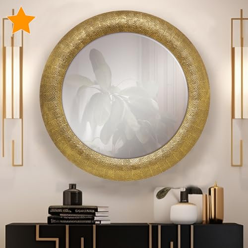 la fabrica del cuadro ®, Espejo Redondo de Metal Labrado en Oro Patinado, Espejo de Pared con Luna Biselada. Ideal para Baños, Salón, Dormitorio, (Mod. Jordania 80x80 cm)
