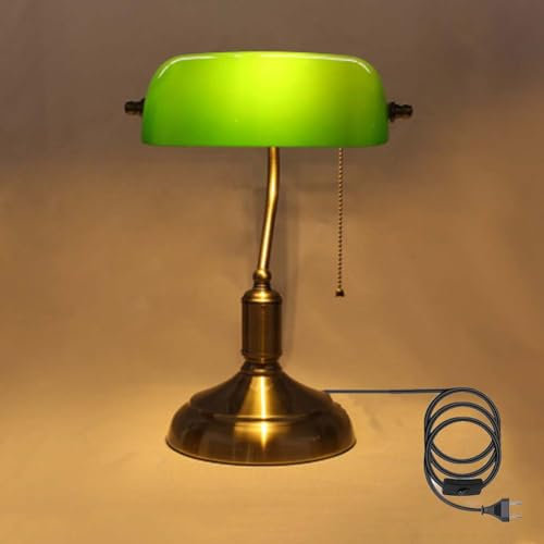 AoLa Bankers Schreibtischlampe mit Stecker und Schalter Tischlampe Retro Glas Schirm, mit Kabel E27 Vintage Tischleuchte Runder Sockel Banker Schreibtischleuchte Arbeitsleuchte Nostalgielampe,Grün