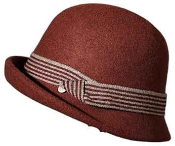 AYWTIUN Fedora-Hut Filzhut, rundes Oberteil, modischer Kleiner Zylinder mit gewelltem Rand, Damen-Wollbeckenhut(Red)