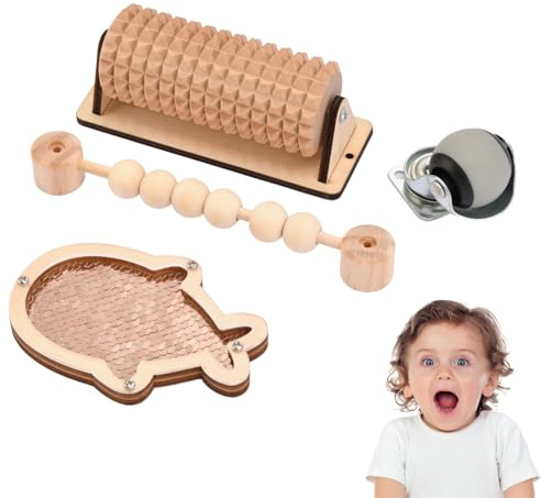 Potatomato Busy Board Zubehör & Activity Board – 4-teiliges DIY Set – Montessori DIY Materialien – Sensorikbrett Zubehör – Räder, Wende-Paillettenfisch, Holzroller, Perlen – Lernmaterialien