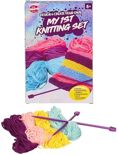 Kids My 1st Knitting Set Design Create Your Own Ideal Beginners 4 Pieces Kit Includes Instructions for Coloured Wool Needles