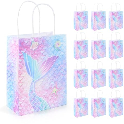 12 stycken presentpåsar, godispåsar, papperspåsar, födelsedagspåsar barnfödelsedag, presentpåsar för flickor födelsedag, sjöjungfru dekoration festväskor, presentförpackning färgglada