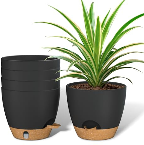 ZMTECH 15 cm Pots de Plantes avec Trous de Drainage Soucoupe Jardinières Auto-Irrigantes avec Entrée d'eau Pot de Fleurs en Plastique pour Plantes d'Intérieur et d'Extérieur (Lot de 5, Noir)