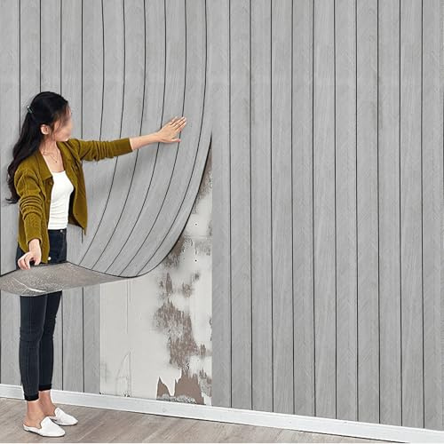 Camiraft Self Adhesive Wood Slats Wallpaper Light Grey 3mm Thick Wall Insulation Waterproof Peel and Stick Wallpaper for Bad Walls for Living Room Kitchen Bathroom Ceiling 40 * 300cm