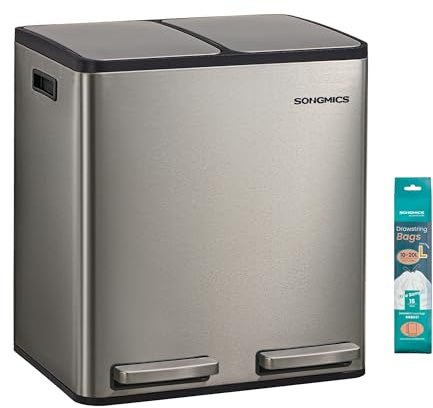 SONGMICS Papperskorg Kök, 2 x 15 L, Källsorteringssystem 2 Fack, Soptunna med 15 Soppåsar, Pedalhink, Löstagbara Innerhinkar, Mjukstängande Lock, Handtag, Rostfritt Stål, Silver LTB130EZ01