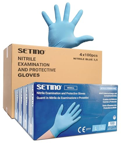 Setino - Guanti in Nitrile Monouso Blu da 3,5 g (400 pz), Senza Polvere e Lattice, Ipoallergenici, per uso Medicale, Estetica, Tattoo e Alimentare (L, 400, unità)