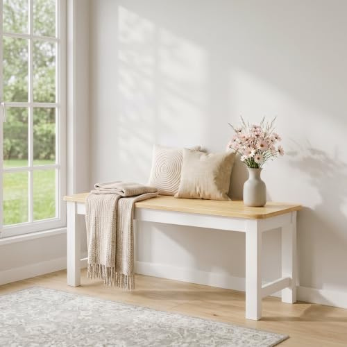 Warmiehomy Dining Bench,Elegant Modern Bench Solid Pinewood & Sturdy Frame | Durable 2-Seater for Living Room, Bedroom, Kitchen, Patio,90CMx35CMx44CM, Natural Pine & White