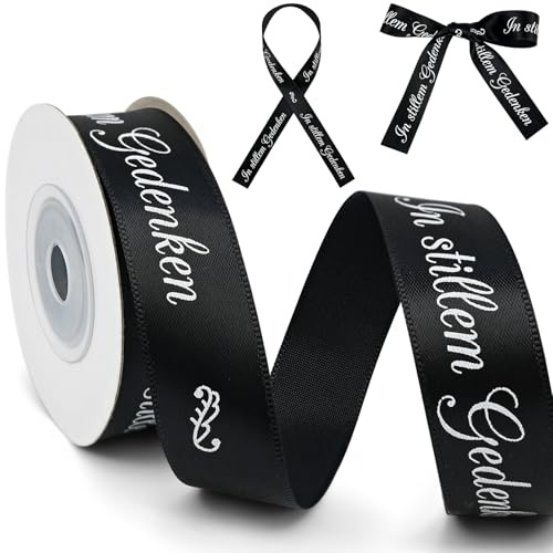 qingmeng 20mm x 9m Trauerschleife mit Text Personalisiert, Trauerflor Trauerband Schleifenband Band Schwarz Geschenkband Satinband Trauerfeier Dekoration Beerdigung Deko Tisch für Auto Trauerkranz