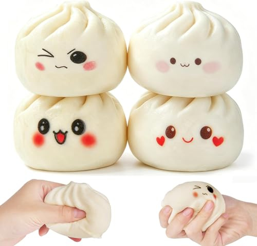 Dumpling Squishy, 4pcs Squishy Dumplings Mystery Fidget Toys, Giant Dumpling Squishies mit Dampfgarer, Stressball Langsame Rückfederung für Erwachsene Kinder Adhs Geschenke