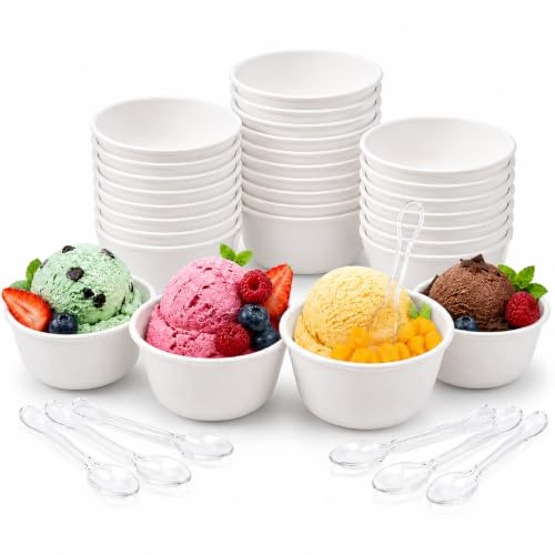 HYZYWON Vasos de Helado, 25/50 Vasitos para Helados con Cucharas, Tarrinas para Helados Desechables de Papel para Helado, Cuencos para Postres, Yogur, Fruta y Fiesta (50, E)