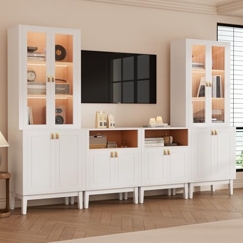 VOWNER Meuble TV Bibliotheque avec LED, 240 cm Grand Meuble Télé avec Portes en Verre pour TV jusqu'à 50 Pouces, Meuble TV Set, Buffet pour Salon, Cuisine, 240 x 180 x 40 cm (Blanc, 4 PCS)