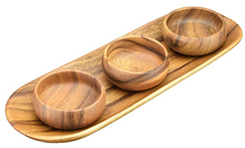 Pacific Merchants Acaciaware Set, 16-Inch Baguette Tray with 4-Inch Dipping Bowls