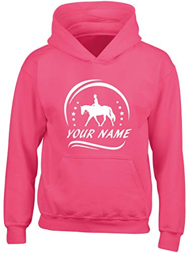 Hippowarehouse PERSONALISED Horse Riding Your Name Here kids children's unisex Hoodie hooded top Fuchsia Pink