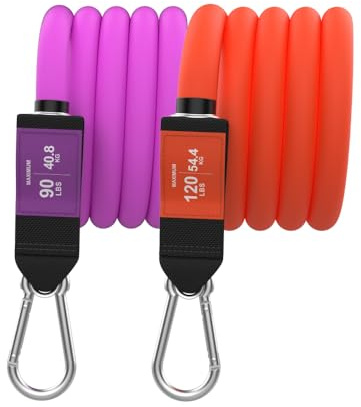 Bodylastics Stackable Resistance Bands - Max 90lb Purple and Max 120lb Orange Band Pack - Patented Snap Reduction Tech Workout Bands - Strong Nickel Coated Iron Clips