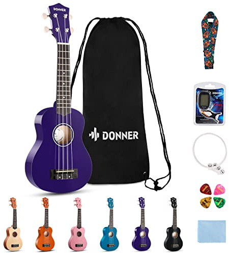 Donner Ukulélé pour Enfant Débutant Soprano Ukulélé Kit 21 pouces Adulte avec Sac Sangle Tuner, Online Leçon, Couleur Violet