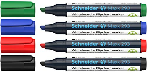 Schneider Maxx 293 Marker (für Whiteboards und Flipcharts, Keilspitze 2 + 5 mm Strichstärke, rückstandsfrei trocken abwischbar, hohe Qualität, kräftig und farbintensiv) Etui mit 4 Farben