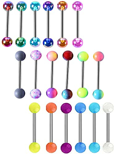 Tanyoyo 14G 18 Pcs Colorful Ball Tongue Rings Stainless Steel Barbell Tongue Straight Ring Retainer Nipple Ring Bar Length 16mm For Women Men (18PCS Colorful)