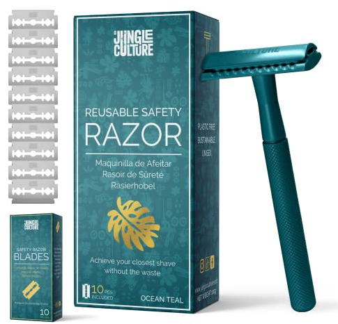 Jungle Culture® Rasierhobel Metall für Damen & Herren | Plastikfrei Eco Rasierer | Nassrasierer Umweltfreundlich & Nachhaltig | Zero Waste Safety Razor (Aqua Grün)