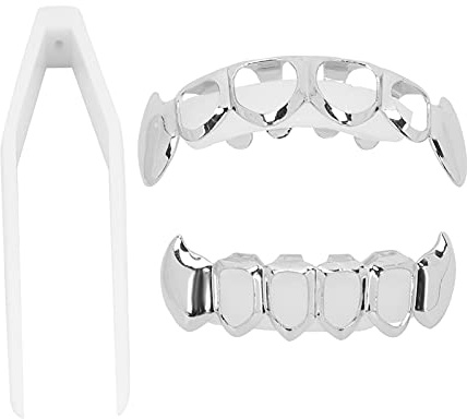 Zahnspange, Hip Hop Teeth Grill Set, Hohle Beschichtung Zahnspange Modische Metallzähne Dekoration Schmuck, für Party Halloween Festival(Silber)